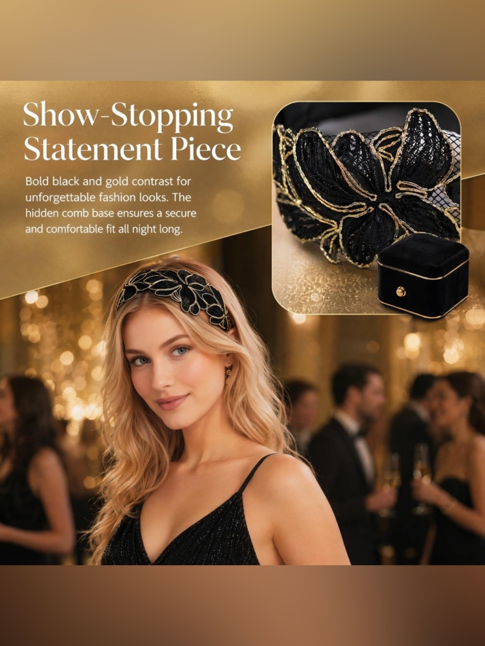 Flapper Headband for Women 1920s Vintage Floral Headpiece Elegant Black and Gold - Picture 7 of 11